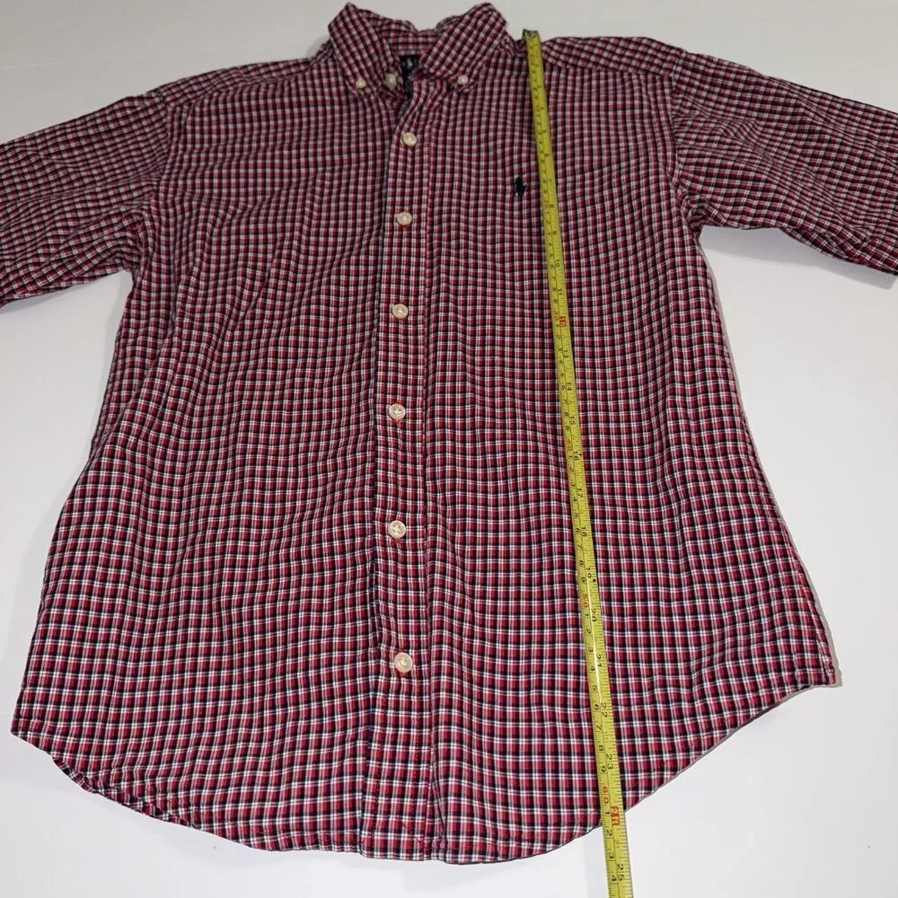 Polo Ralph Lauren‎ Boys Button Down Shirt Red White Blue Plaid M 12 14 Pony Logo